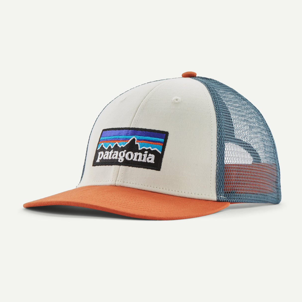 Patagonia P-6 Logo loPro Trucker Hat: White w/Redtail Rust