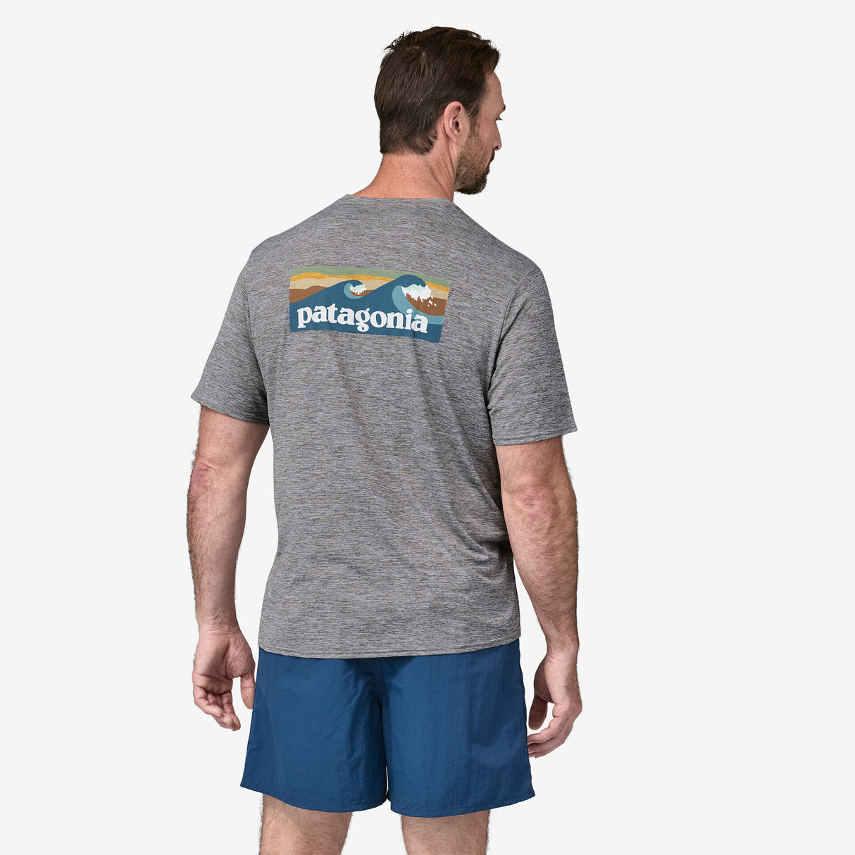 Patagonia Men's Capilene® Cool Daily Graphic Shirt - Waters - Boardshort Logo Abalone Blue: Feather Grey