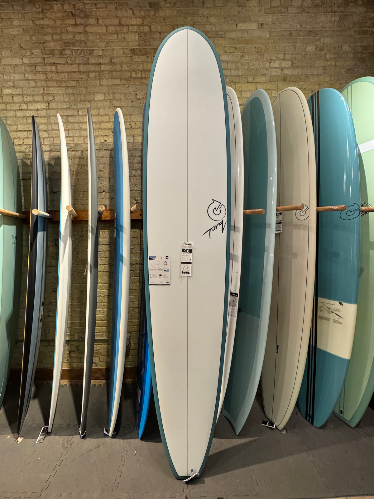 Torq "The Don" Surfboard NR  9'6" White with Teal Rails